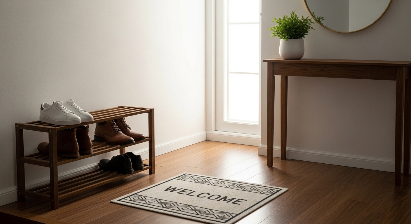 Lối vào nhà gọn gàng, sạch sẽ với thảm chào mừng, kệ giày chứa những đôi giày sạch và cây cảnh trên bàn console, sàn nhà không tì vết, minh chứng cho một checklist vệ sinh hàng ngày hiệu quả.