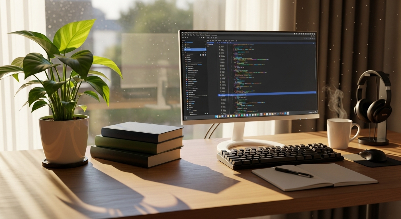 Bàn làm việc tại nhà đón nắng sớm, với cây xanh tươi tốt và sách gọn gàng. Một bố trí bàn làm việc theo phong thủy lý tưởng, tạo không gian năng suất và tràn đầy năng lượng tích cực.