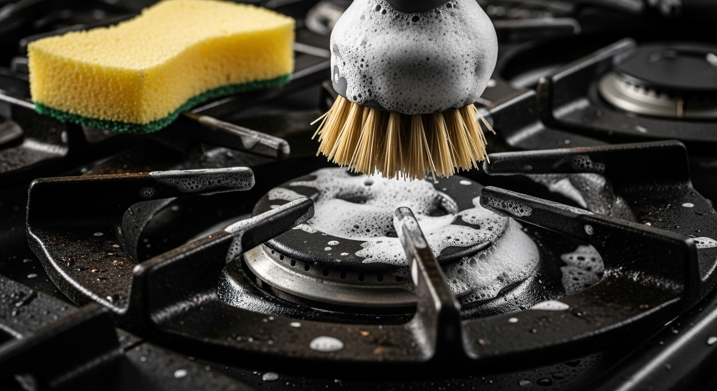 Cận cảnh bàn chải chà sạch dầu mỡ cứng đầu trên kiềng bếp gas, tạo bọt trắng từ dung dịch tẩy rửa. Hình ảnh minh họa một mẹo vặt làm sạch bếp hiệu quả để loại bỏ cặn bẩn.