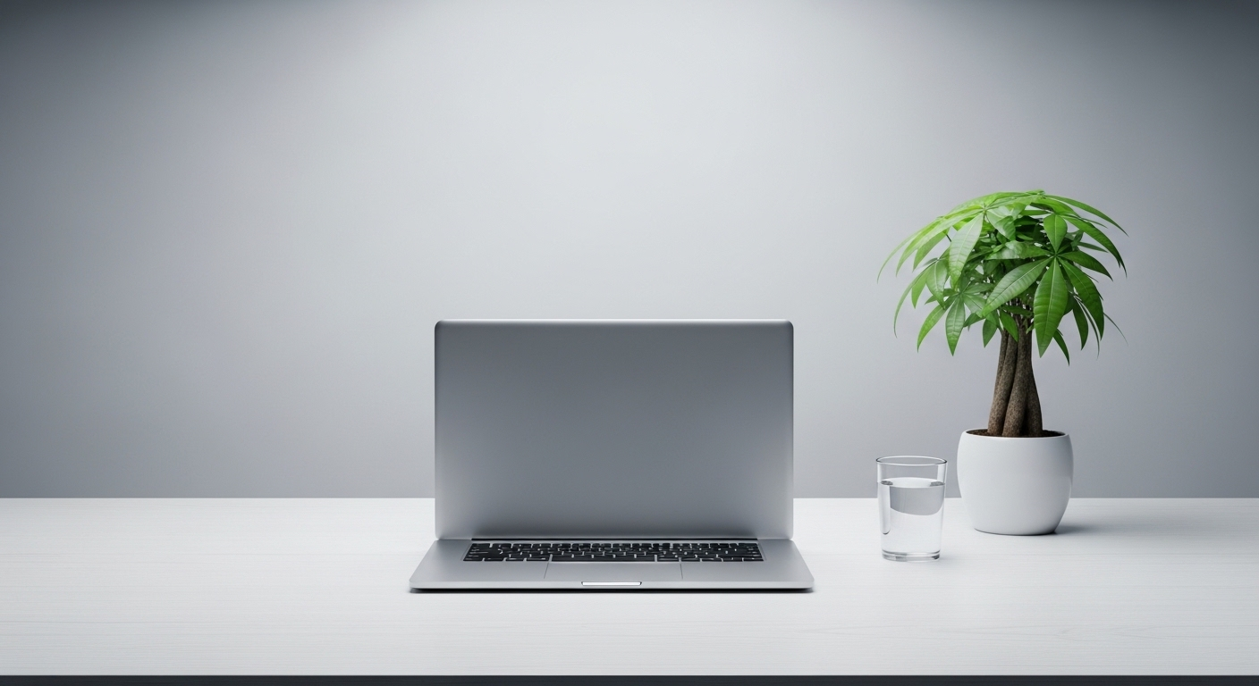 Bàn làm việc gọn gàng, sạch sẽ với laptop bạc, ly nước và cây kim tiền, minh họa bố trí phòng làm việc theo phong thủy hiệu quả.