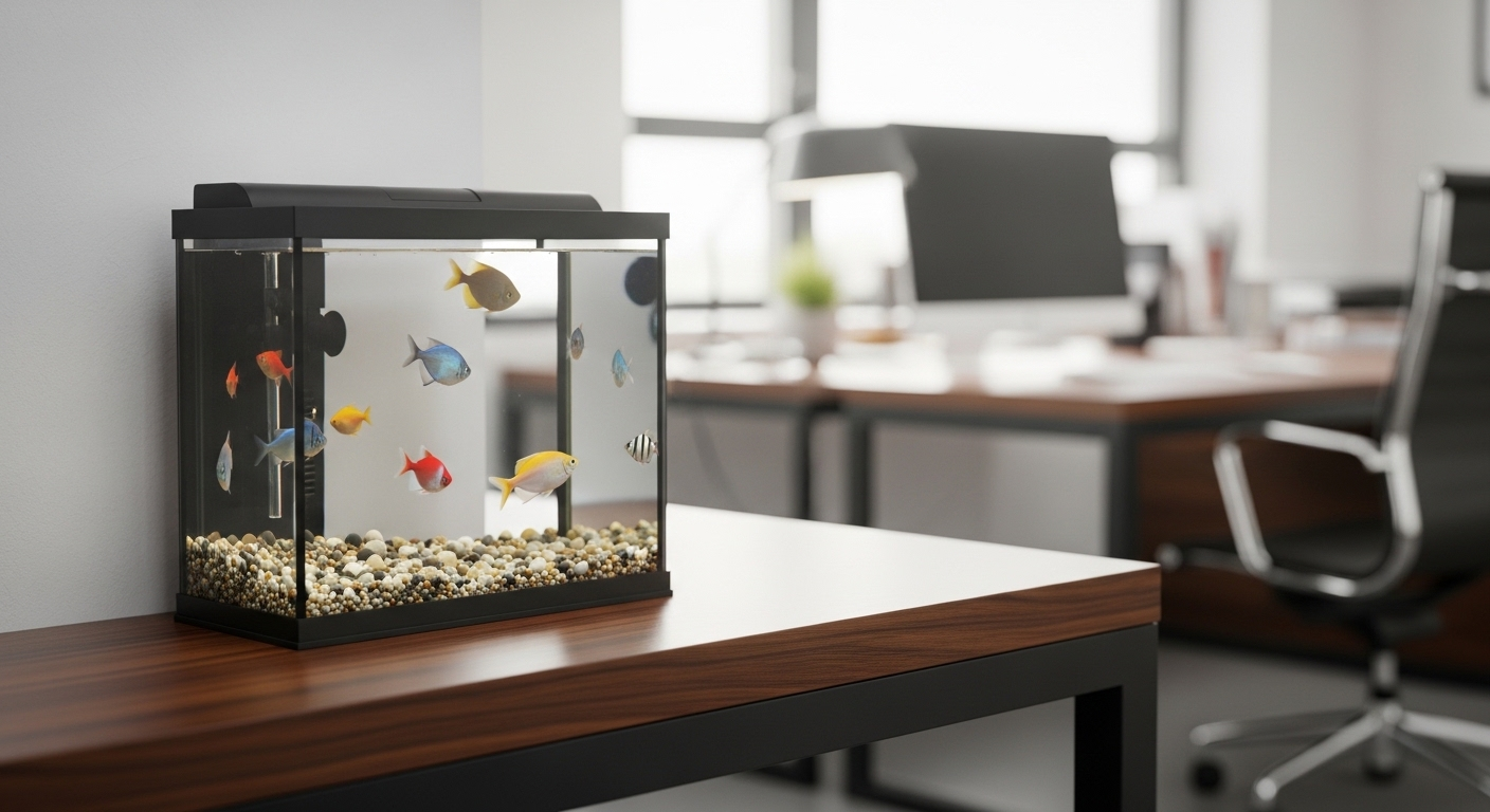 Bể cá mini với cá màu sắc trên góc phong thủy bàn làm việc gỗ tối màu.