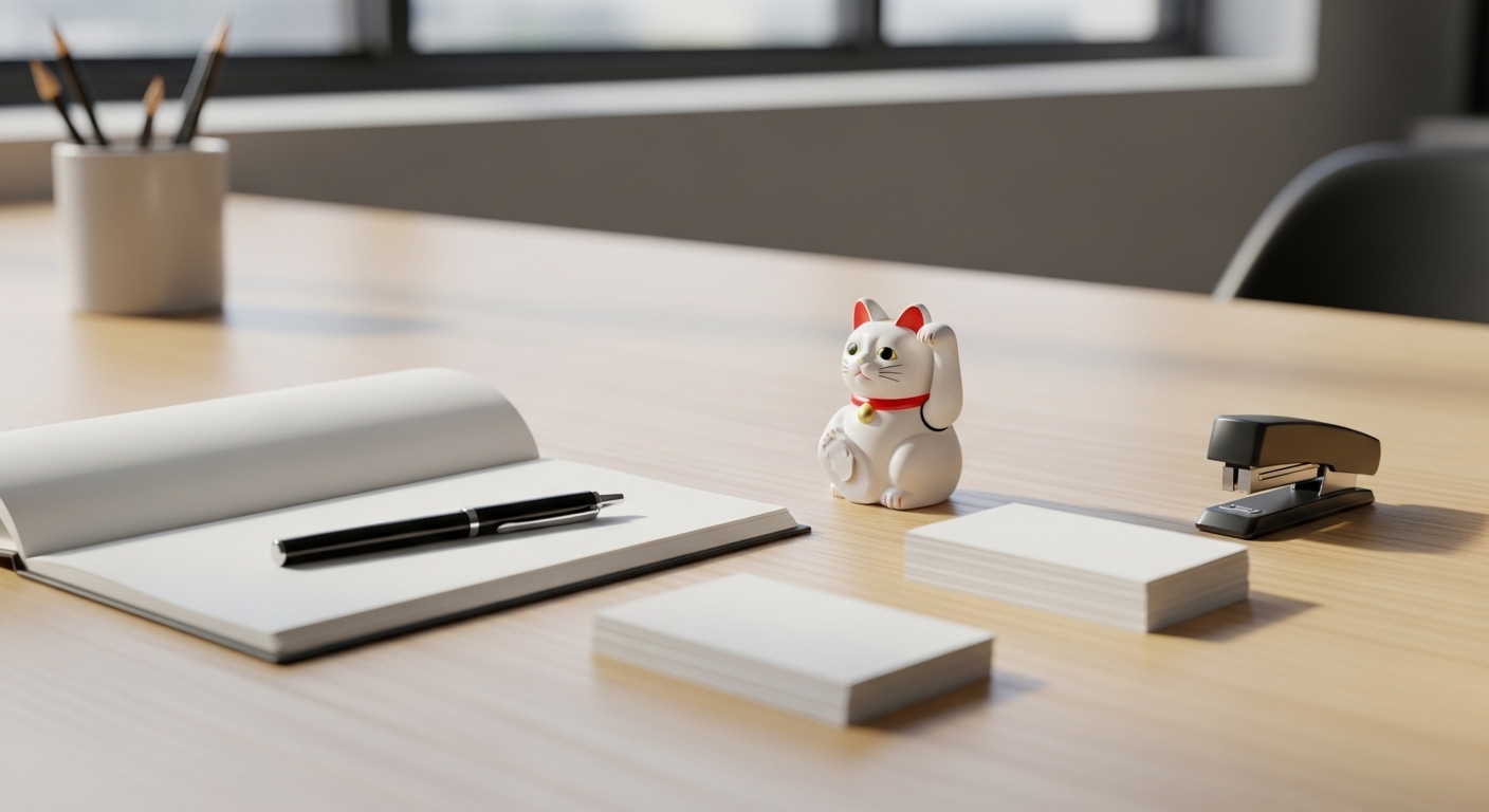 Bàn làm việc tối giản, sắp xếp gọn gàng với mèo Maneki-neko, minh họa bố trí phong thủy phòng làm việc cân đối và hiệu quả.