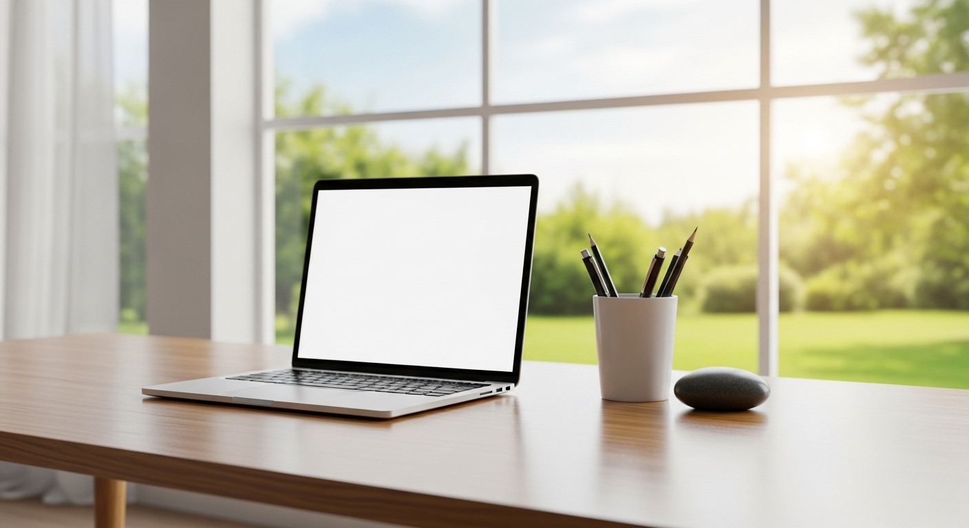 Bàn làm việc gỗ hiện đại gọn gàng với laptop, cốc bút, đá cuội, cửa sổ sáng tạo không gian bình yên. Minh họa cách đặt bàn làm việc theo phong thủy tối ưu.