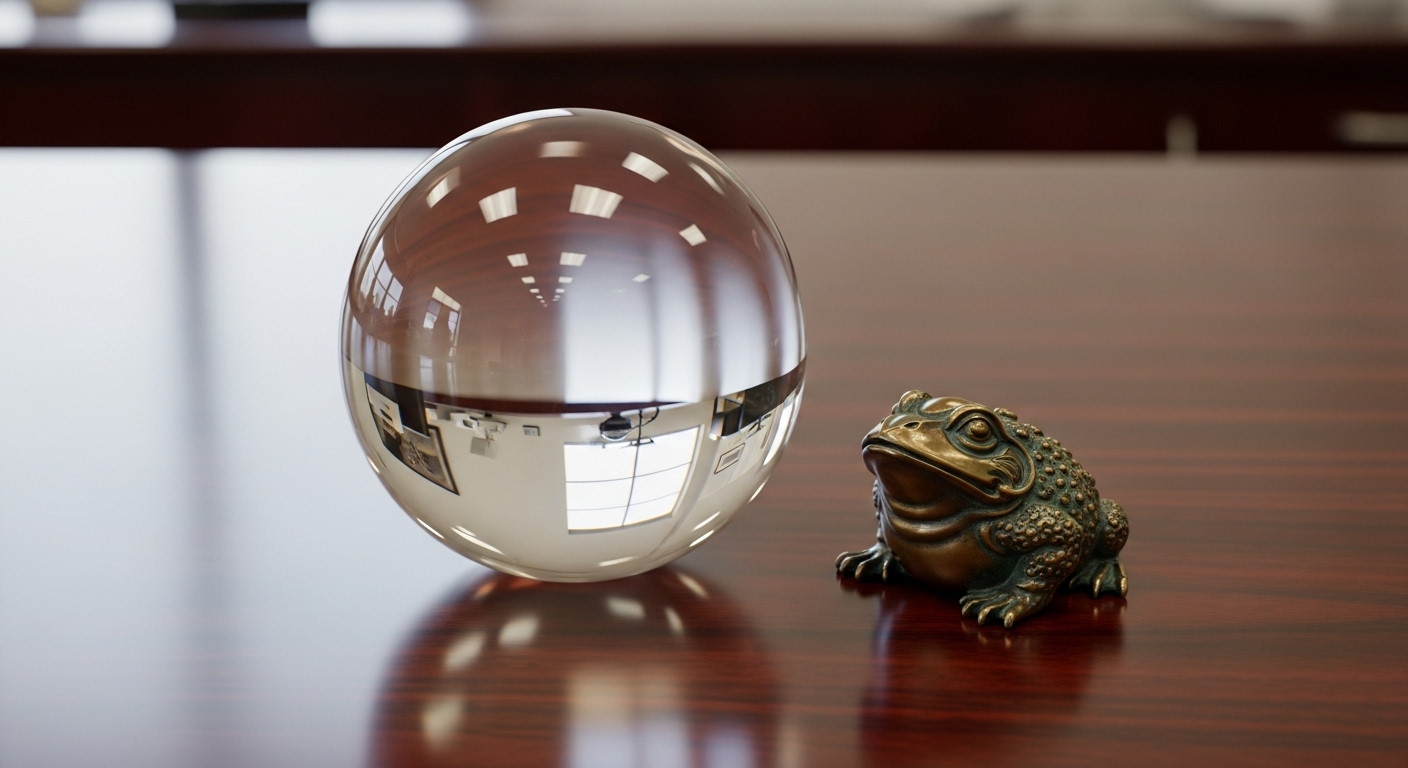 Quả cầu thủy tinh và tượng ếch đồng tinh xảo trang trí trên bàn gỗ tối màu, góp phần tạo nên cách bố trí bàn làm việc văn phòng gọn gàng và thẩm mỹ.