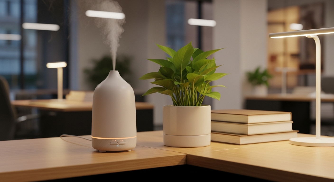 Góc bàn làm việc gọn gàng với máy khuếch tán tinh dầu nhẹ nhàng và cây xanh tươi mát, giúp tạo không gian thư giãn, tăng cường năng lượng tích cực theo phong thủy văn phòng làm việc theo tuổi.