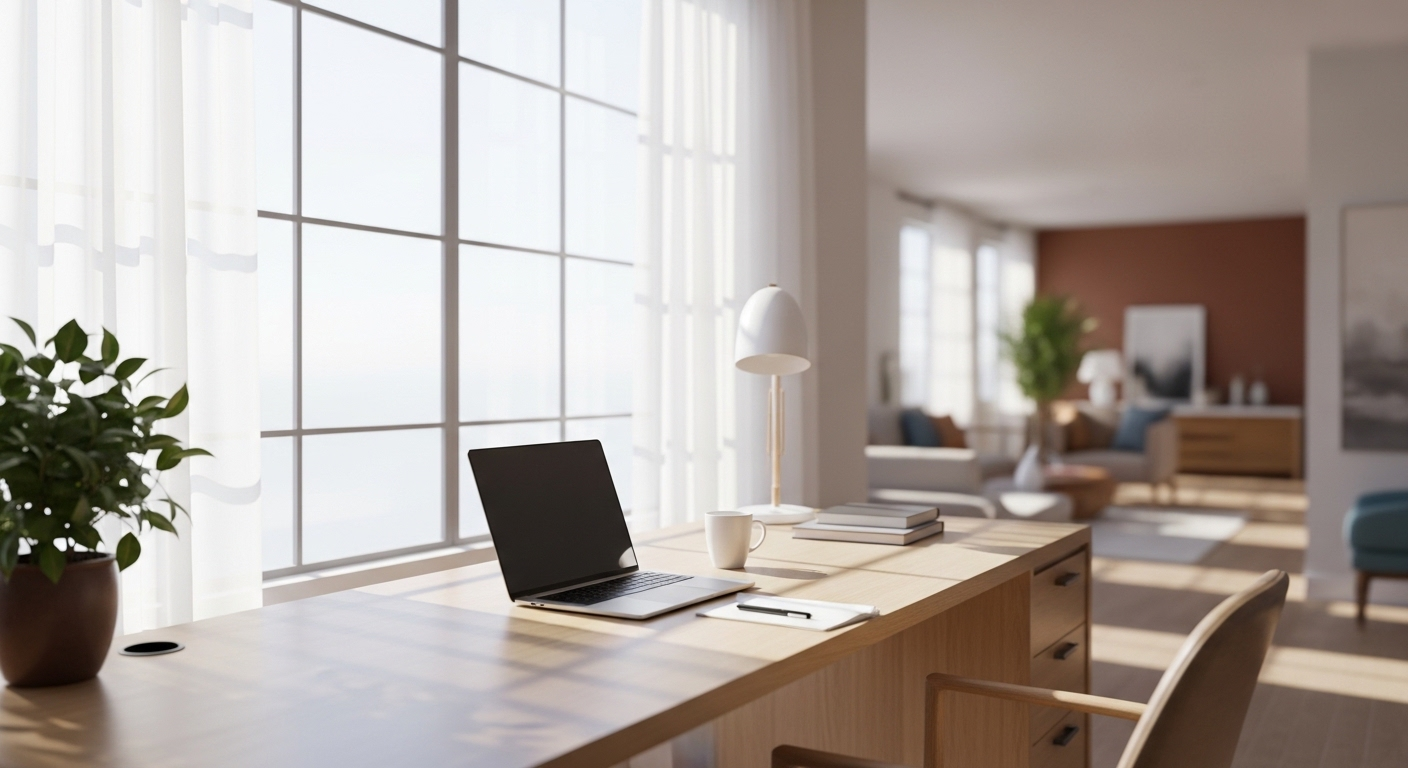 Bàn làm việc tại nhà rộng rãi, sáng sủa với ánh sáng tự nhiên, mặt bàn gọn gàng và chậu cây xanh tươi mát, minh họa cách bài trí bàn làm việc hợp phong thủy lý tưởng.