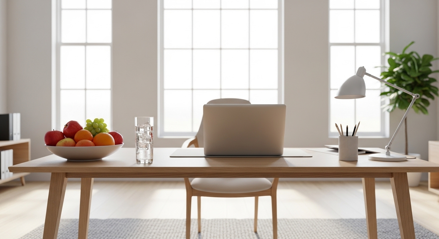 Văn phòng làm việc tại nhà rộng rãi, bàn gỗ sáng màu tối giản với trái cây, nước và ánh sáng tự nhiên. Một không gian lý tưởng, phù hợp cả với nguyên tắc hướng đặt bàn làm việc theo tuổi để tạo năng lượng tốt.