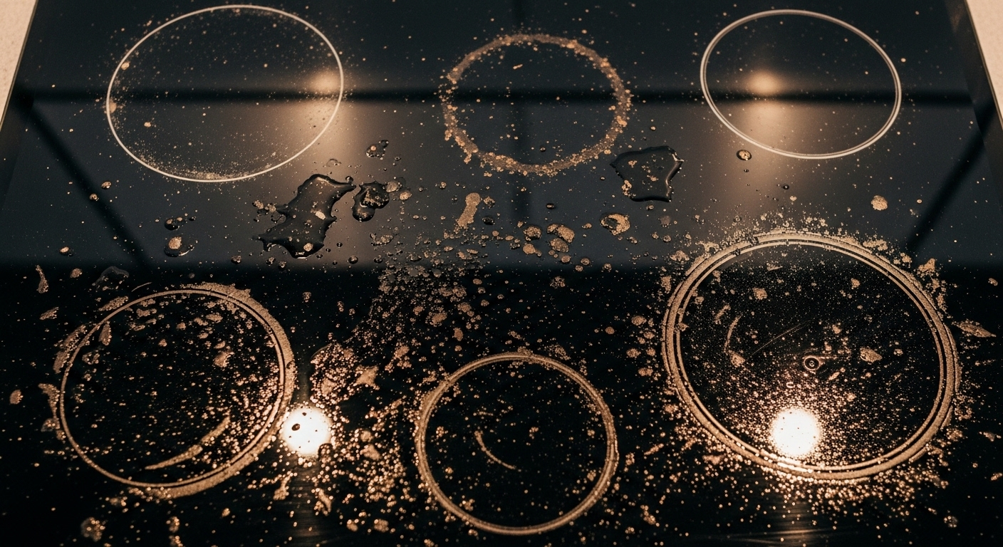 Bếp từ kính đen bám đầy vết cháy và dầu mỡ cứng đầu sau khi nấu, cần vệ sinh chuyên sâu như vệ sinh lò nướng.