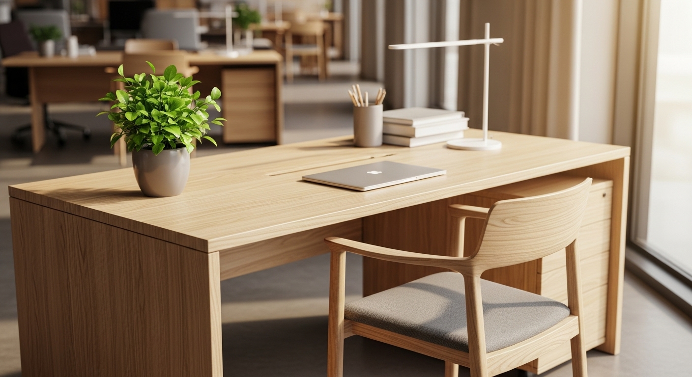 Bàn ghế làm việc gỗ sáng màu hài hòa cùng cây xanh, gợi ý Hướng ngồi làm việc theo phong thủy lý tưởng cho không gian văn phòng hiện đại.