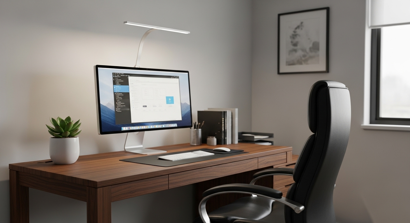 Góc làm việc gọn gàng, công thái học với bàn chắc chắn, ghế lưng cao, màn hình hiện đại. Cây xanh và ánh sáng tự nhiên cân bằng tạo nên phong thủy phòng làm việc hài hòa, tăng cường năng suất.