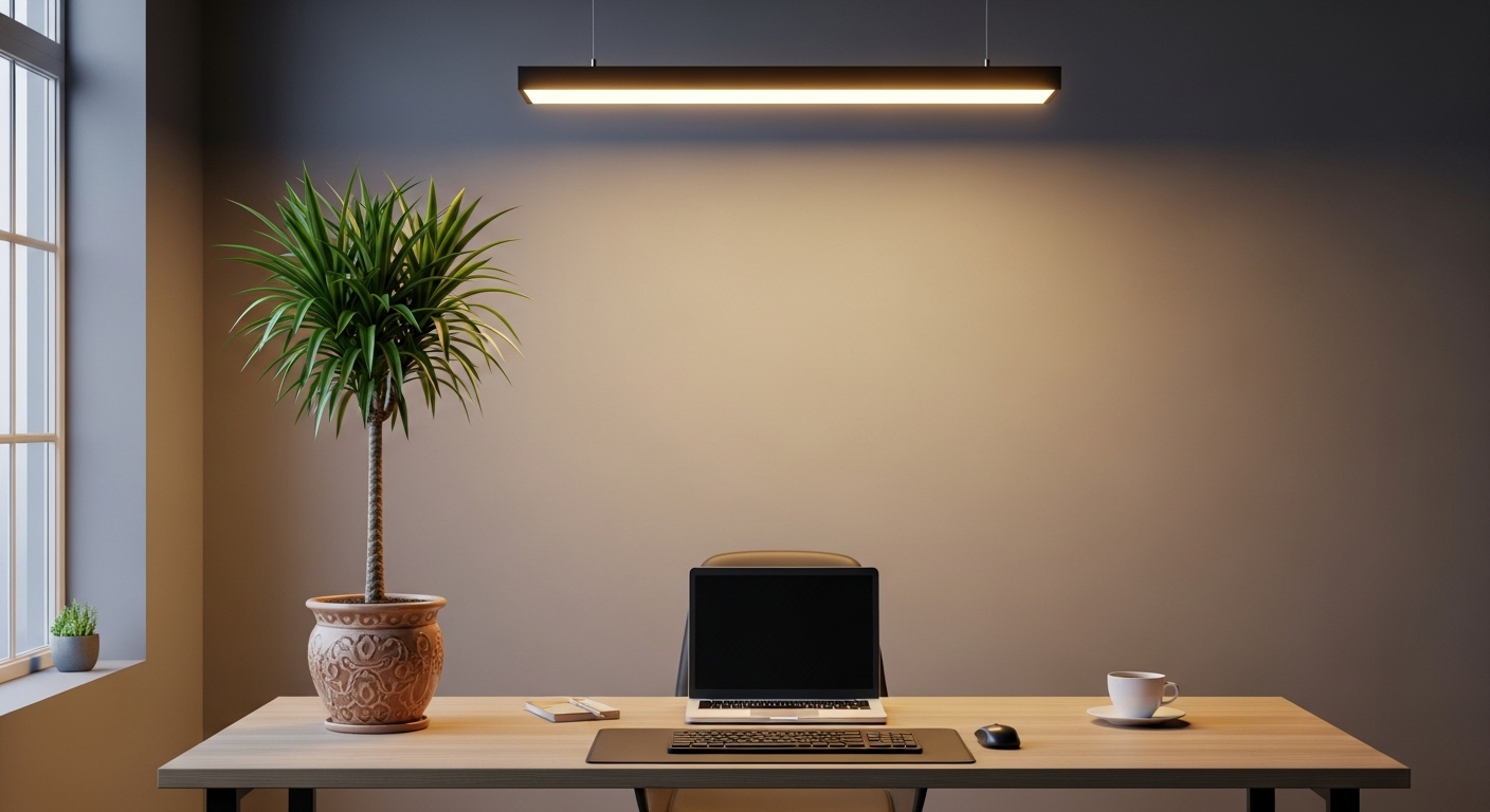 Bàn làm việc gọn gàng, ánh sáng hài hòa, có cây thiết mộc lan. Một không gian làm việc lý tưởng, phù hợp khi cân nhắc tối ưu hóa hướng bàn làm việc theo tuổi.