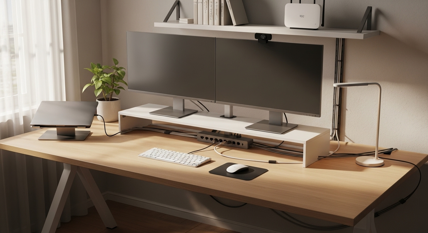 Bàn làm việc gọn gàng, ngăn nắp với dây cáp được quản lý hiệu quả và router Wi-Fi đặt trên cao, thể hiện cách bố trí phòng làm việc tại cơ quan phong thủy tối ưu giúp tăng năng suất. Bàn làm việc gọn gàng, ngăn nắp với dây cáp được quản lý hiệu quả và router Wi-Fi đặt trên cao, thể hiện cách bố trí phòng làm việc tại cơ quan phong thủy tối ưu giúp tăng năng suất.