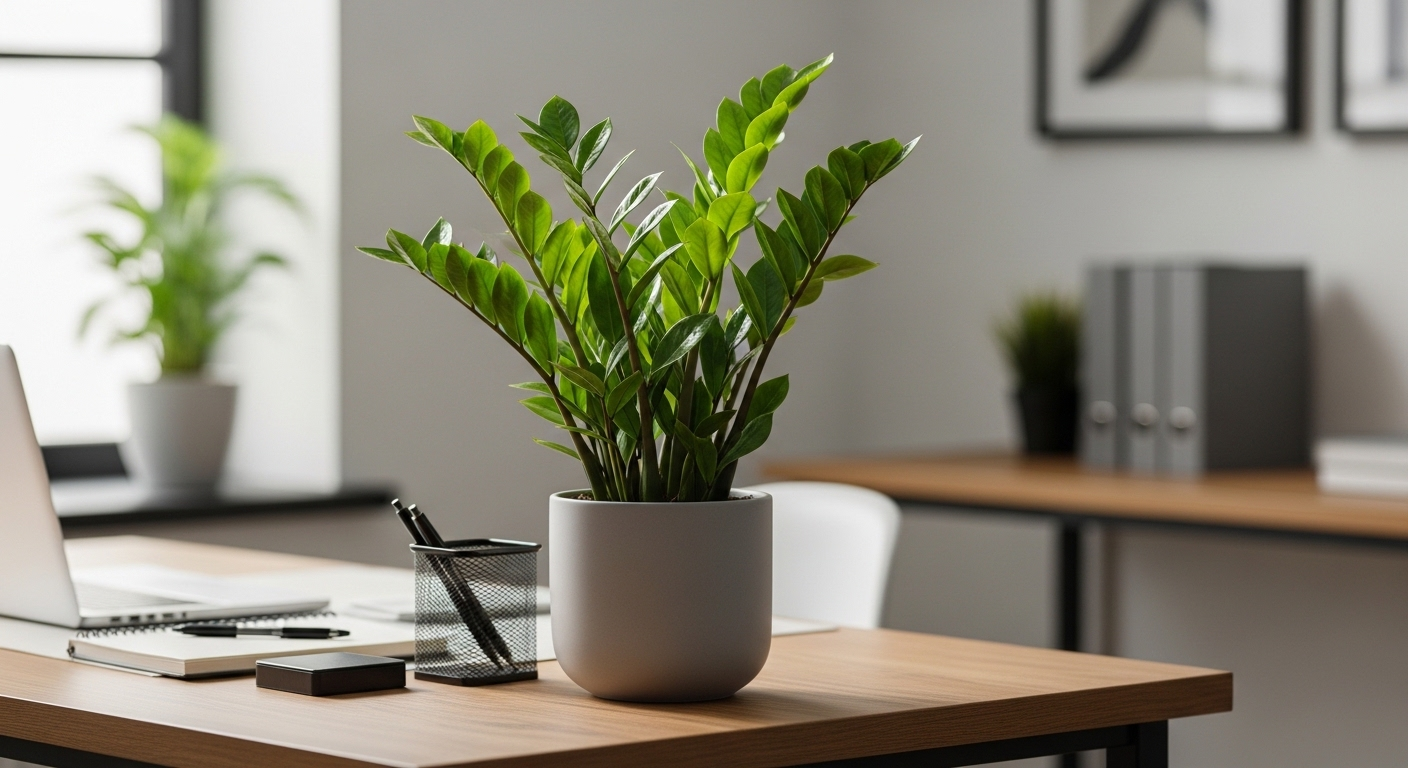 Cây Kim Tiền xanh tốt, lá bóng mượt trong chậu gốm xám, đặt trên bàn làm việc gỗ gọn gàng dưới ánh sáng tự nhiên. Đây là vật phẩm phong thủy để bàn làm việc mang lại không gian tươi mới.