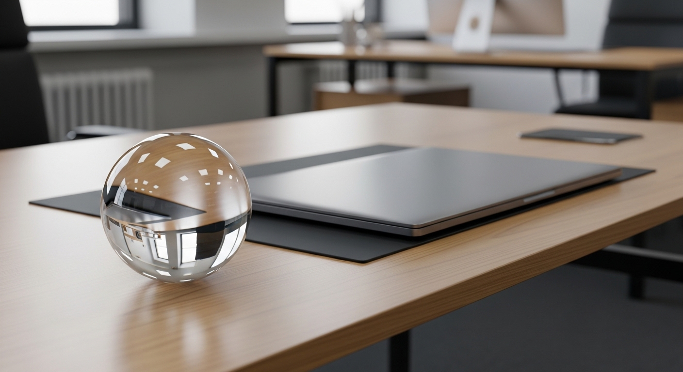 Quả cầu pha lê sáng bóng đặt gọn gàng trên bàn làm việc giám đốc hiện đại bằng gỗ sáng, gần laptop, gợi ý bố trí bàn làm việc giám đốc theo phong thủy để mang lại sự rõ ràng và tập trung.