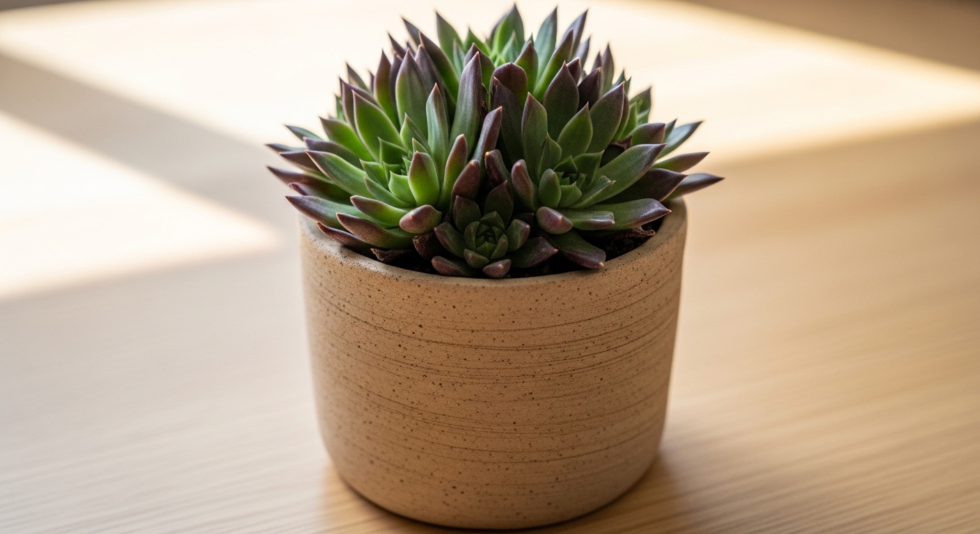 Chậu gốm nhỏ đựng sen đá xanh tím đặt trên bàn làm việc sáng màu. Gợi ý trang trí theo Phong thủy bàn làm việc người mệnh Thổ.