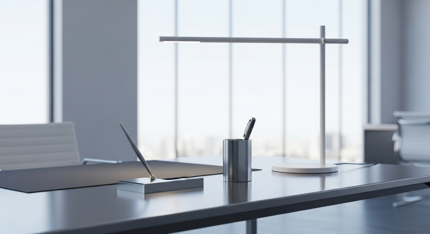 Bàn làm việc hiện đại, tối giản tông xám trắng, sắp xếp ngăn nắp với đèn và ống bút. Hình ảnh lý tưởng khi chọn chỗ ngồi làm việc theo phong thủy giúp không gian luôn gọn gàng và hiệu quả.