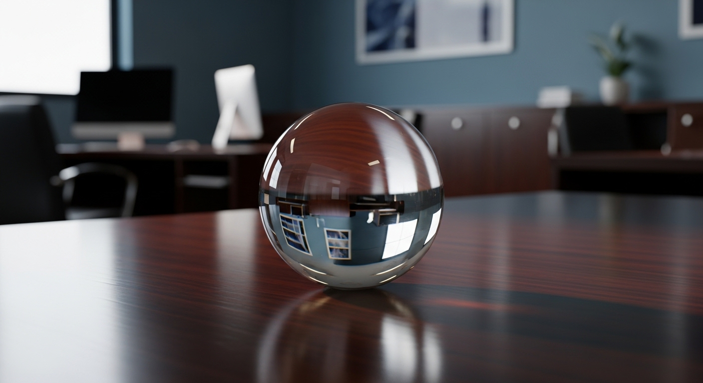 Quả cầu pha lê trong suốt, tinh xảo đặt trên bàn làm việc tối màu, phản chiếu ánh sáng dịu. Một vật phẩm phong thủy thường gặp, gợi nhắc về những kiêng kỵ khi bố trí bàn làm việc theo phong thủy để thu hút tài lộc và may mắn.