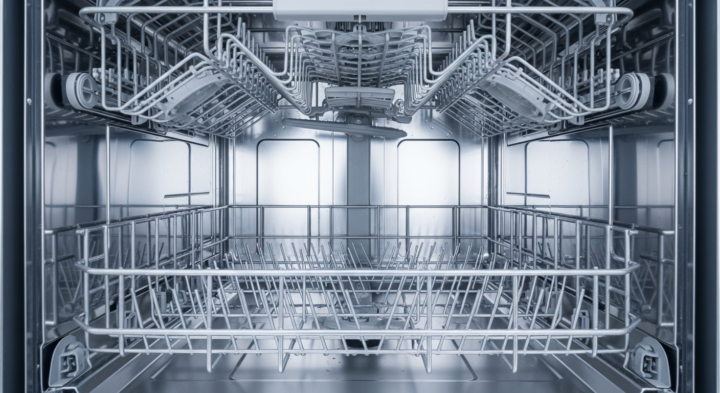 Bên trong máy rửa chén inox sạch bóng, sáng loáng, minh chứng cho hiệu quả vệ sinh máy rửa chén.