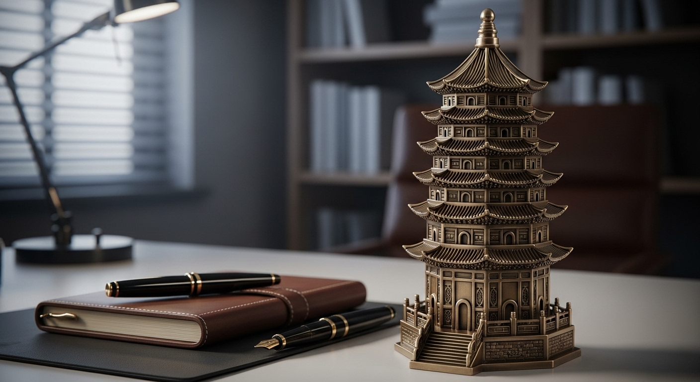Tháp Văn Xương bằng đồng đặt trên bàn làm việc sạch sẽ, minh họa cách bài trí bàn làm việc theo phong thủy cùng sổ da và bút máy.