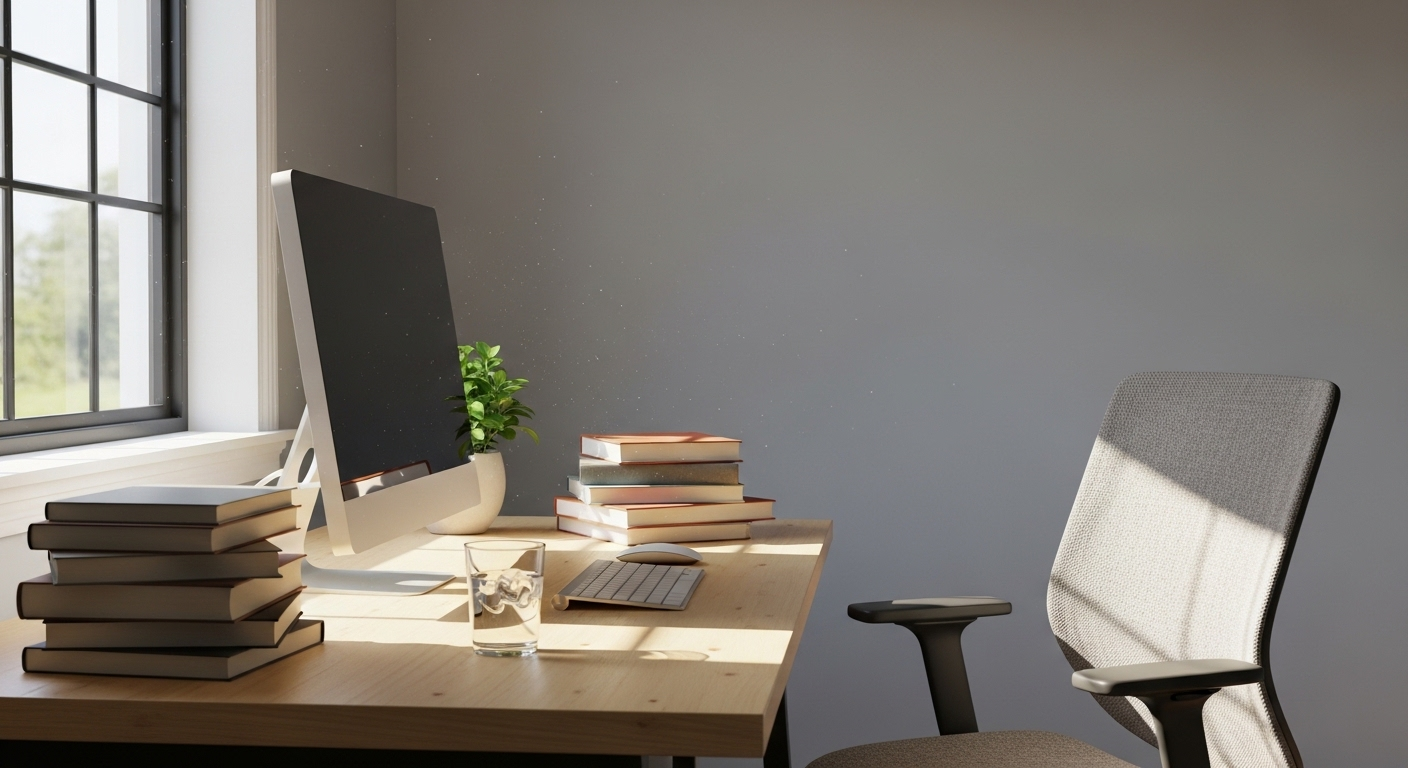 Góc làm việc tại nhà sáng bừng ánh sáng tự nhiên, với bàn làm việc sạch sẽ, máy tính và sách, tối ưu phong thủy phòng làm việc.