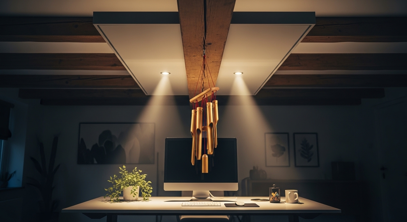 Phong thủy bàn làm việc với chuông gió tre dây đỏ treo trang trí chéo, dưới trần nhà có dầm đã được ốp trần tinh tế.