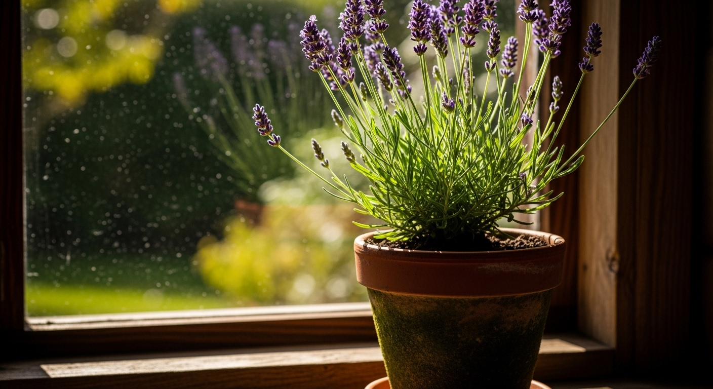 Chậu cây oải hương tím trên bệ cửa sổ gỗ mộc mạc dưới nắng chiều ấm áp. Vẻ đẹp thanh tao của cây phong thủy mang lại vận may 2026 cho không gian sống.