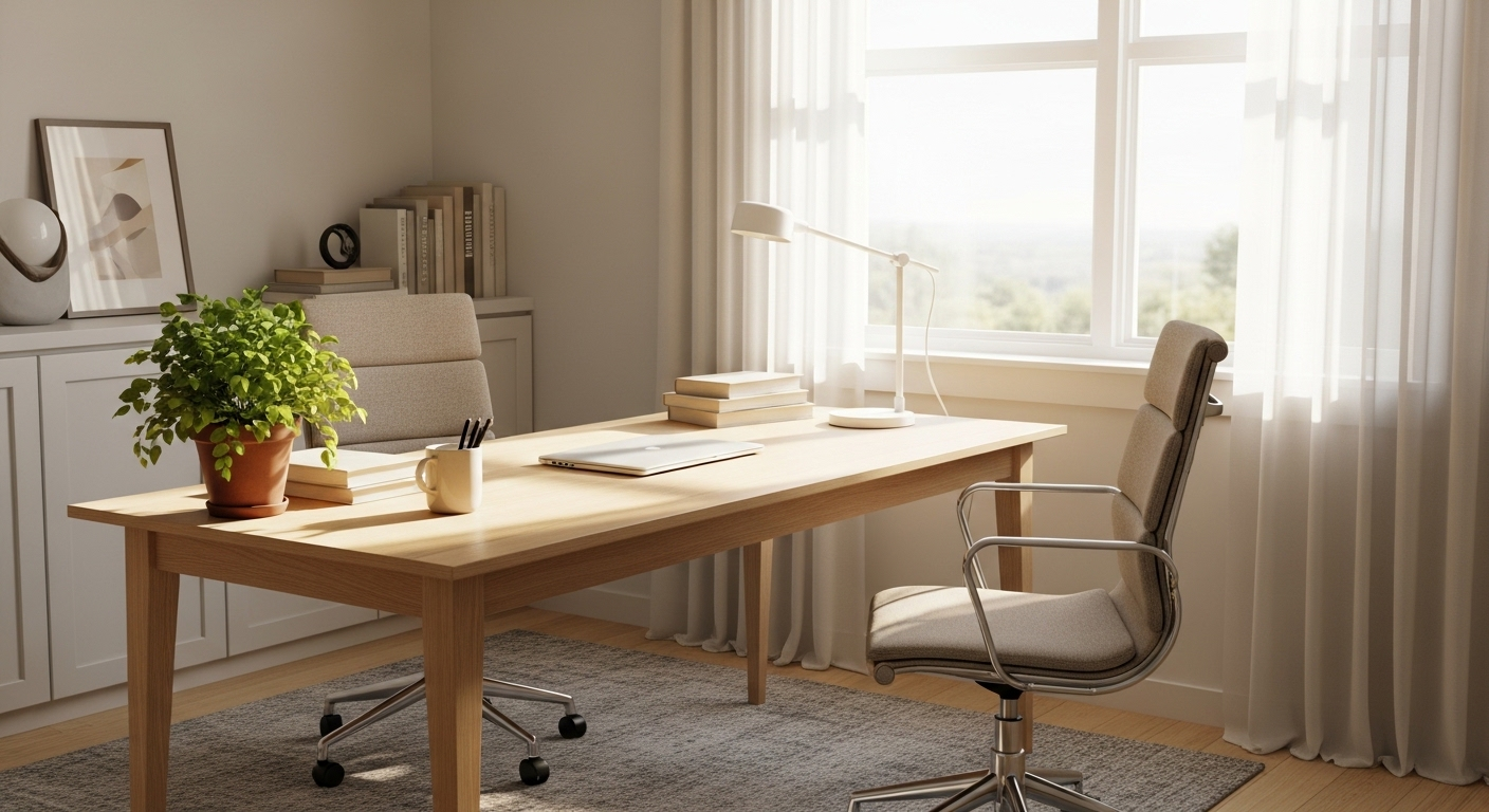 Không gian văn phòng làm việc tại nhà hài hòa, ngăn nắp với bàn gỗ sáng màu, ghế văn phòng thoải mái và cây xanh, tận dụng ánh sáng tự nhiên. Thiết kế này tạo nên hướng ngồi làm việc lý tưởng, mang lại cảm giác thư thái và hiệu quả.