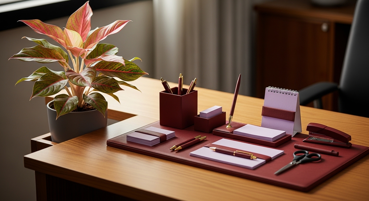 Bàn làm việc văn phòng gỗ tông ấm, sắp xếp gọn gàng với cây Vạn Niên Thanh và văn phòng phẩm đỏ tím, tối ưu theo phong thủy bàn làm việc văn phòng tuổi Ất Hợi.