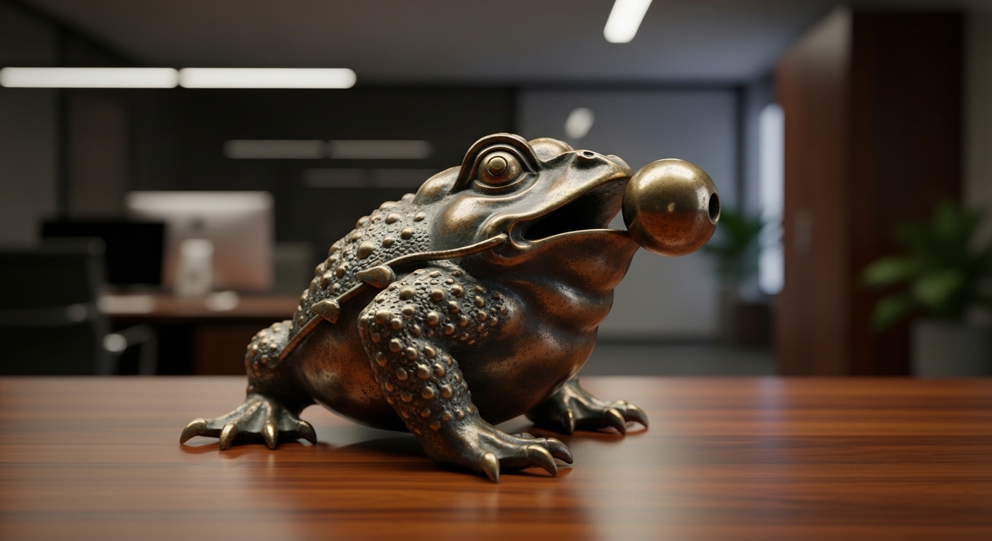 Tượng Cóc ba chân Thiềm Thừ màu đồng cổ, ngậm đồng xu, đặt trên bàn làm việc gỗ nâu sẫm, thể hiện phong thủy bàn làm việc mang lại tài lộc.
