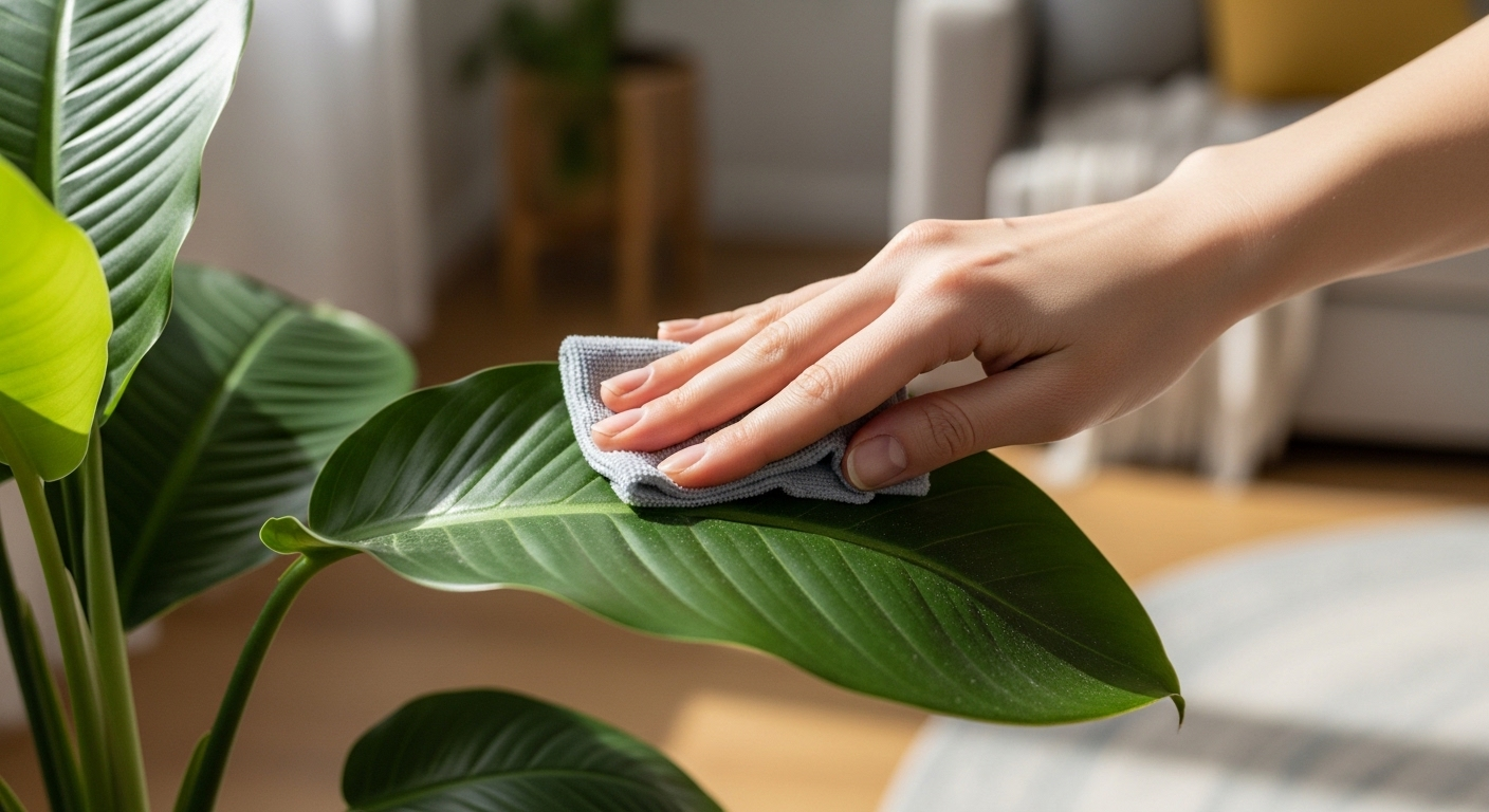 Bàn tay nhẹ nhàng lau bụi lá cây cảnh xanh mướt trong nhà, gợi nhắc tầm quan trọng của việc chọn đúng loại, tránh cây không nên trồng trong nhà.