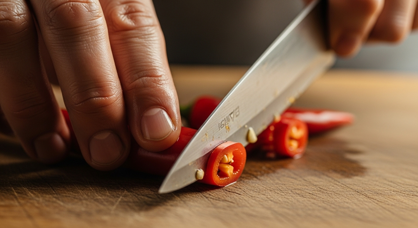 Cận cảnh tay phủ dầu đang cắt ớt đỏ trên thớt, một mẹo vặt nhà bếp giúp tránh cay tay hiệu quả.