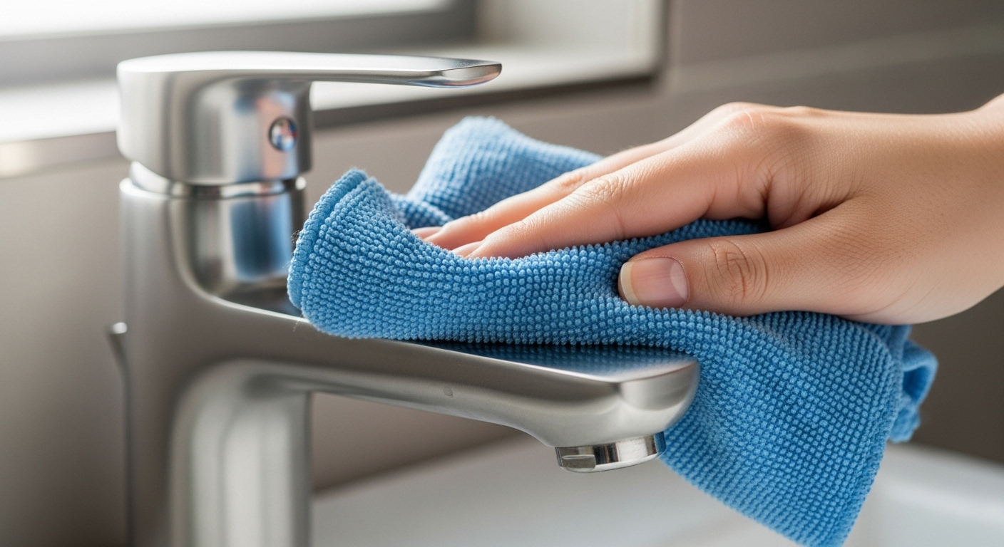 Tay dùng khăn microfiber xanh nhẹ nhàng lau vòi nước inox, giúp làm sạch và tẩy cặn canxi trên vòi nước, mang lại bề mặt sáng bóng không vết ố. Tay dùng khăn microfiber xanh nhẹ nhàng lau vòi nước inox, giúp làm sạch và tẩy cặn canxi trên vòi nước, mang lại bề mặt sáng bóng không vết ố.