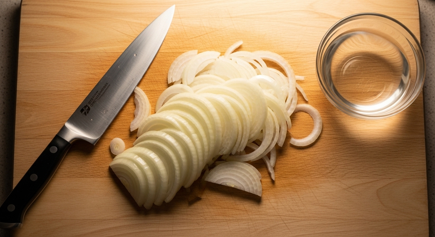 Thớt gỗ sạch với hành tây thái lát mỏng, dao đầu bếp sắc bén và bát nước, gợi ý các mẹo vặt cho người nội trợ khi sơ chế nguyên liệu hiệu quả.