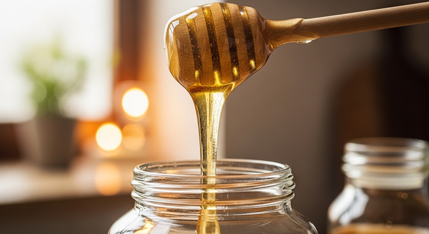 Mật ong tự nhiên vàng óng từ thìa gỗ đổ vào lọ thủy tinh sạch. Mẹo vặt nội trợ bảo quản thực phẩm hiệu quả.