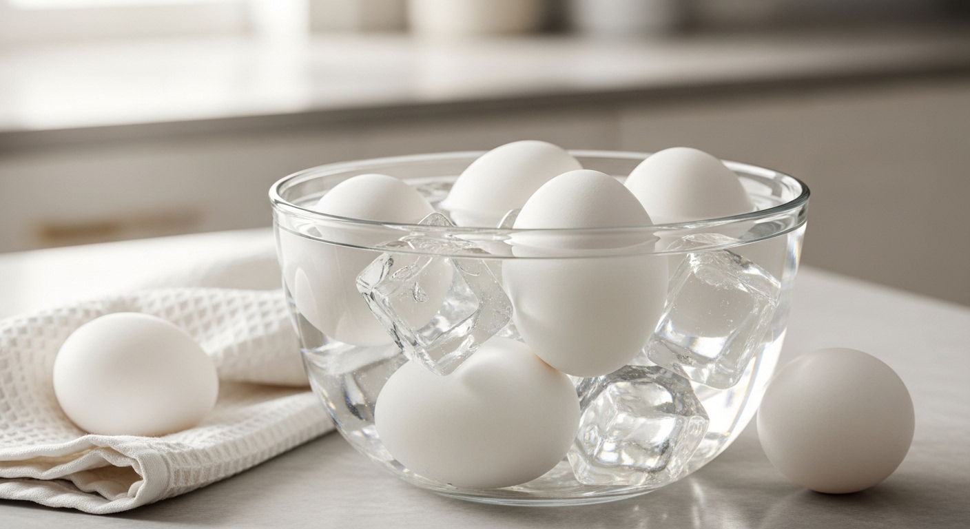 Những quả trứng luộc chín được ngâm trong tô thủy tinh đầy nước đá lạnh và đá viên. Đây là một mẹo vặt nhà bếp hiệu quả giúp trứng nguội nhanh và dễ bóc vỏ, với khăn bếp sạch đặt gần đó trên mặt bàn.
