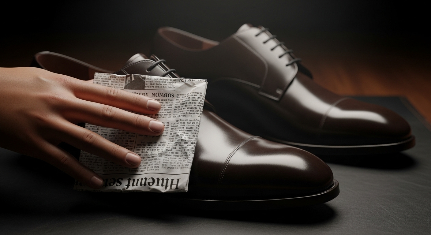 Đánh bóng giày da đen cổ điển bằng báo cũ, một mẹo vặt hữu ích giúp da sáng bóng tinh tế.