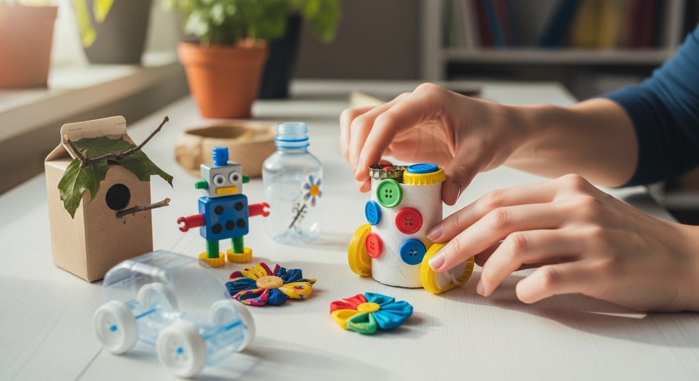 Cận cảnh bàn tay khéo léo sắp xếp các vật dụng gia đình được tái chế, thể hiện mẹo vặt nội trợ sáng tạo và hữu ích.