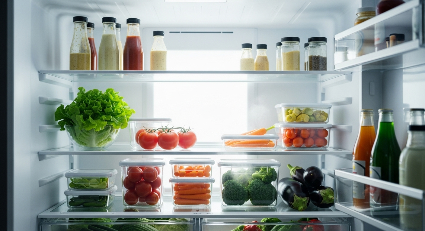 Tủ lạnh sạch sẽ, đầy ắp rau củ tươi đầy màu sắc sắp xếp gọn gàng trong hộp đựng – một mẹo vặt nhà bếp giúp bảo quản thực phẩm hiệu quả.
