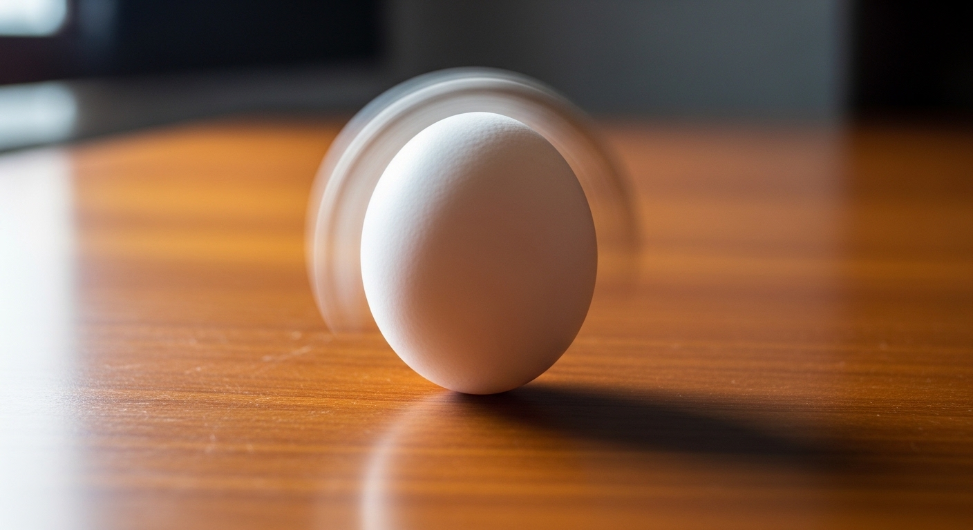 Trứng gà trắng quay nhanh trên bàn gỗ mịn, minh họa mẹo vặt nội trợ kiểm tra độ tươi trứng.