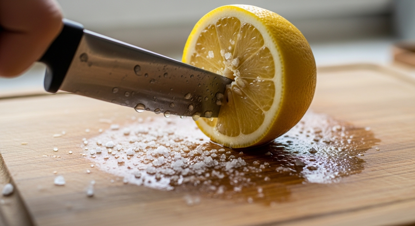 Thớt gỗ vân rõ nét được cọ sạch bằng nửa quả chanh vàng và muối hạt lấp lánh, một mẹo vặt nhà bếp giúp vệ sinh hiệu quả.