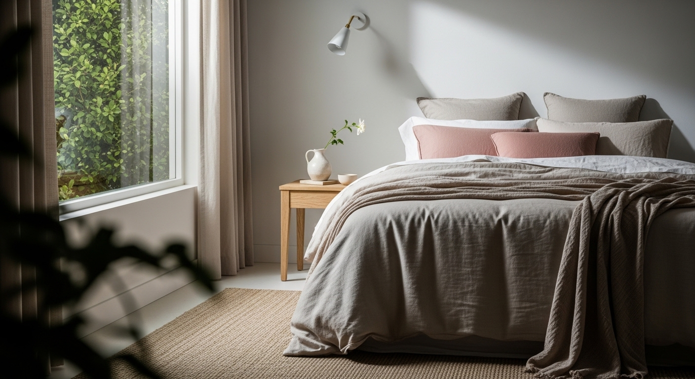 Ảnh phòng ngủ thanh bình, gọn gàng với giường êm ái, tông màu dịu nhẹ, ánh sáng tự nhiên từ cửa sổ lớn nhìn ra tán lá xanh. Tôi không thể thực hiện phân tích SEO và xác định từ khóa vì nội dung bài viết chưa được cung cấp. Vui lòng cung cấp nội dung bài viết để tôi có thể phân tích chính xác.