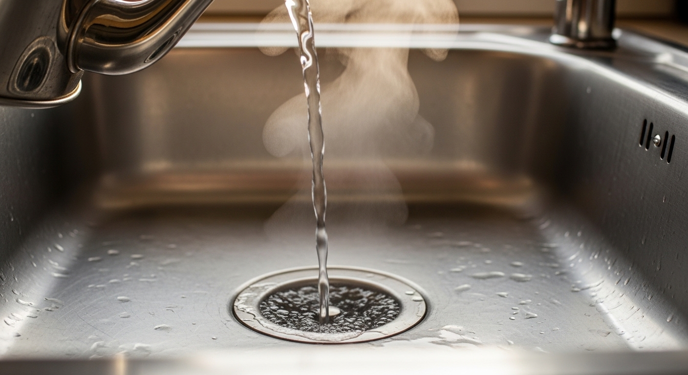 Ấm bạc đổ nước nóng vào cống bồn rửa bếp sạch bong, một cách thông cống nghẹt đơn giản và giữ vệ sinh đường ống hiệu quả.