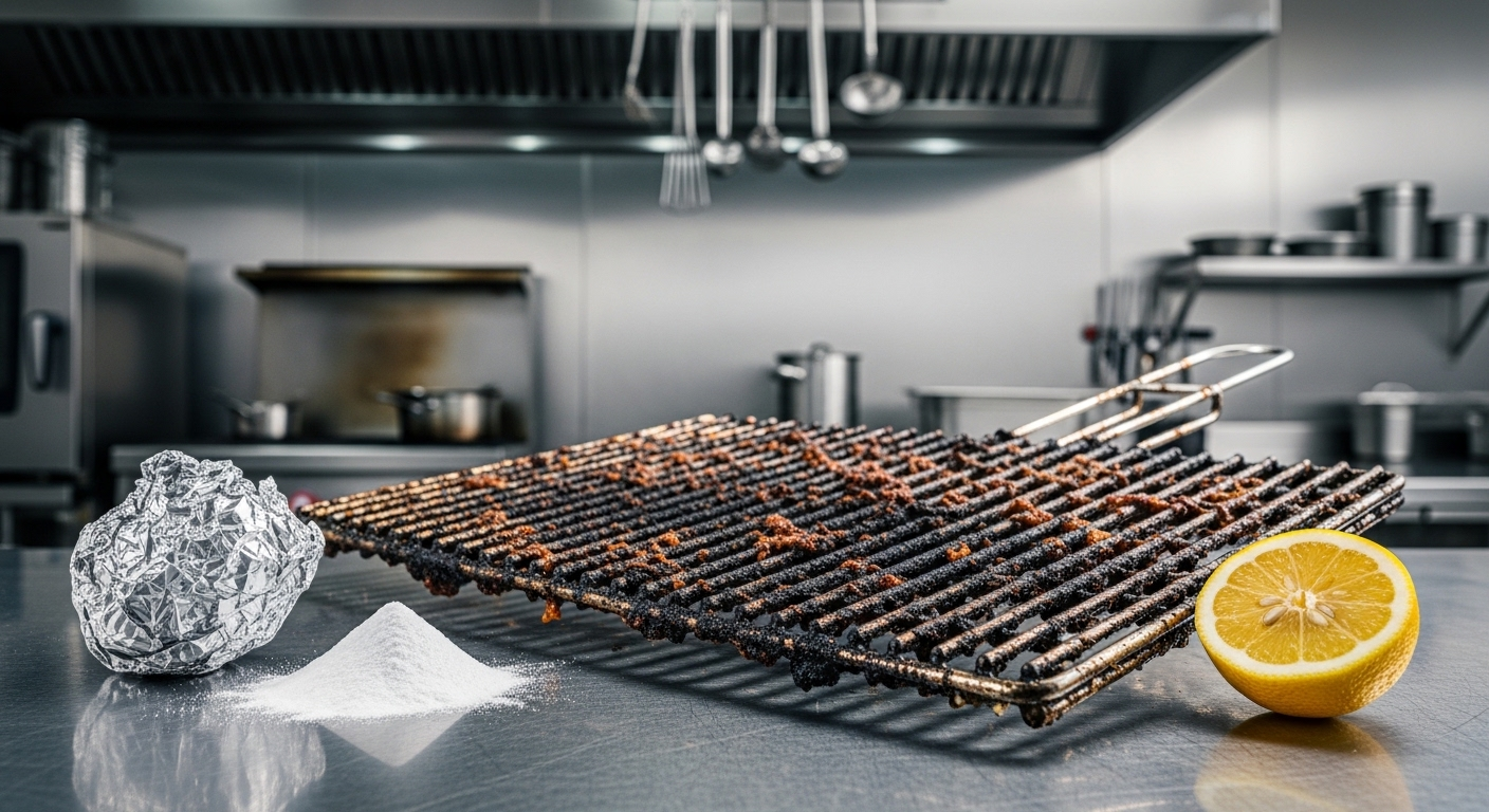 Vỉ nướng cáu bẩn trên quầy bếp công nghiệp, kèm chanh, baking soda và giấy bạc – những mẹo vặt nhà bếp hiệu quả để vệ sinh.