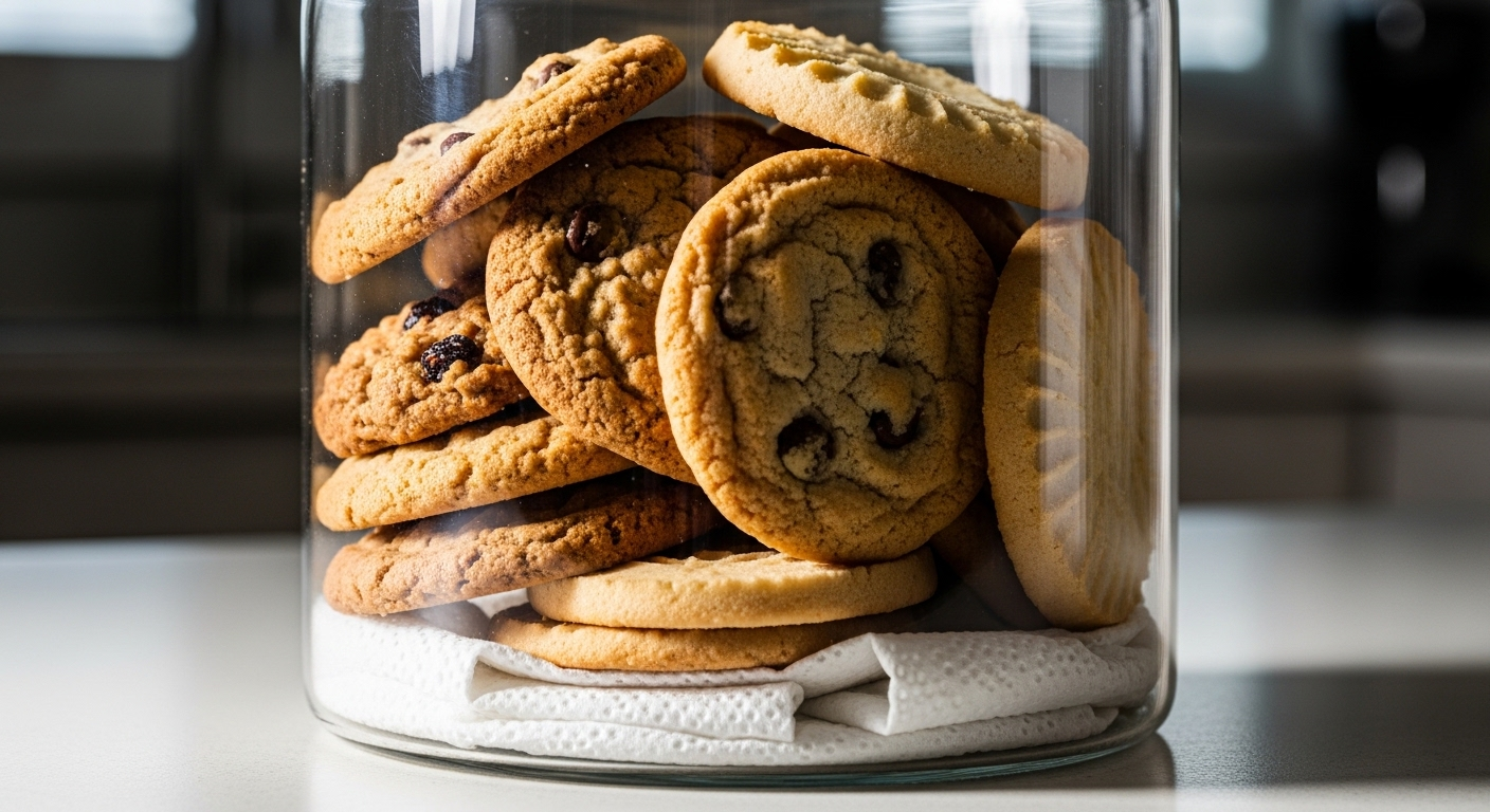 Hũ bánh quy thủy tinh trong suốt, phần nào chứa đầy bánh nướng vàng nâu, có hai miếng khăn giấy trắng ở đáy trên mặt bếp sáng. Hình ảnh này liên quan đến các mẹo vặt nhà bếp hiệu quả.