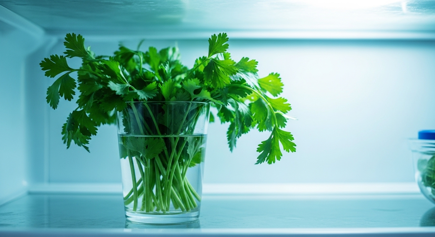 Bó rau thơm xanh tươi cắm gốc trong ly nước đặt trong tủ lạnh, thể hiện một mẹo vặt nhà bếp giúp giữ rau tươi giòn lâu.