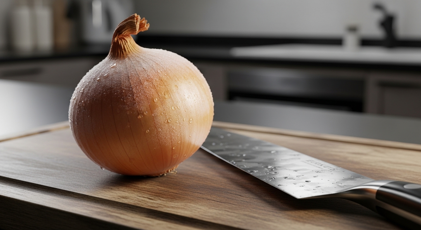 Hành tây vàng nguyên củ lạnh, dao bếp sắc bén trên thớt gỗ trong căn bếp hiện đại, sẵn sàng cho các mẹo vặt nhà bếp hữu ích.