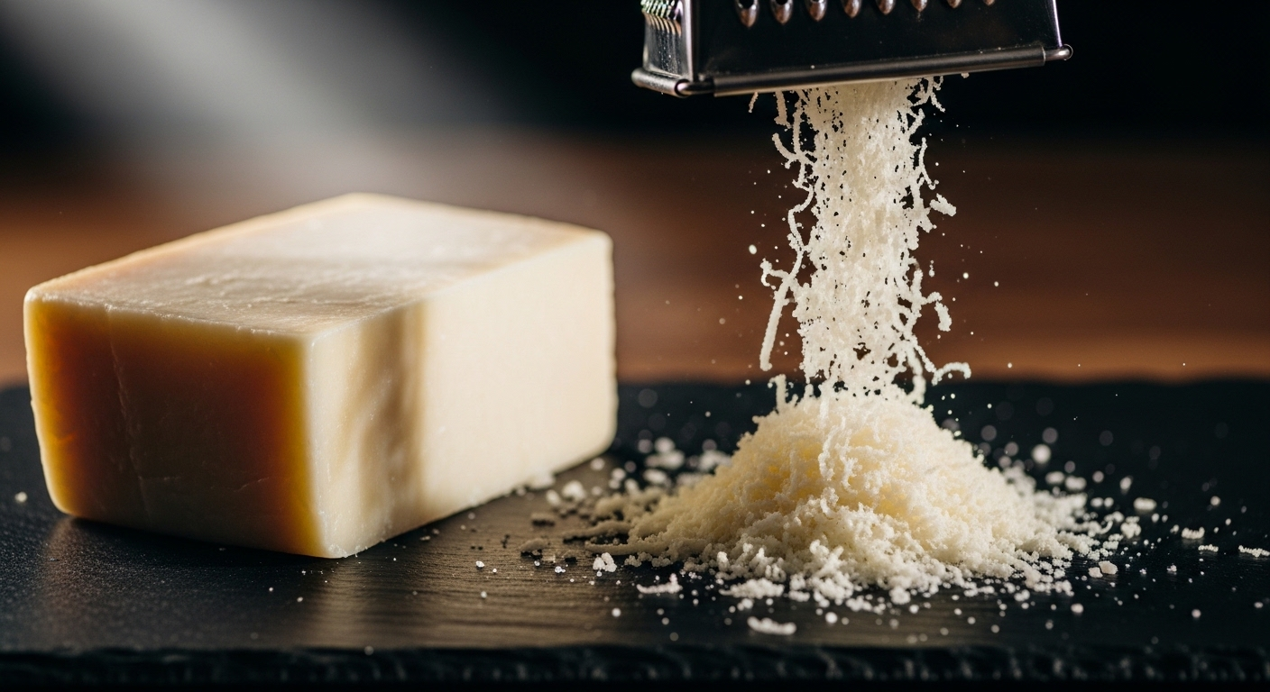 Dòng phô mai trắng bào mịn rơi xuống bề mặt tối từ dụng cụ bào kim loại, khối phô mai đặt cạnh dưới ánh đèn bếp, thể hiện một công đoạn quen thuộc trong các mẹo vặt nhà bếp.