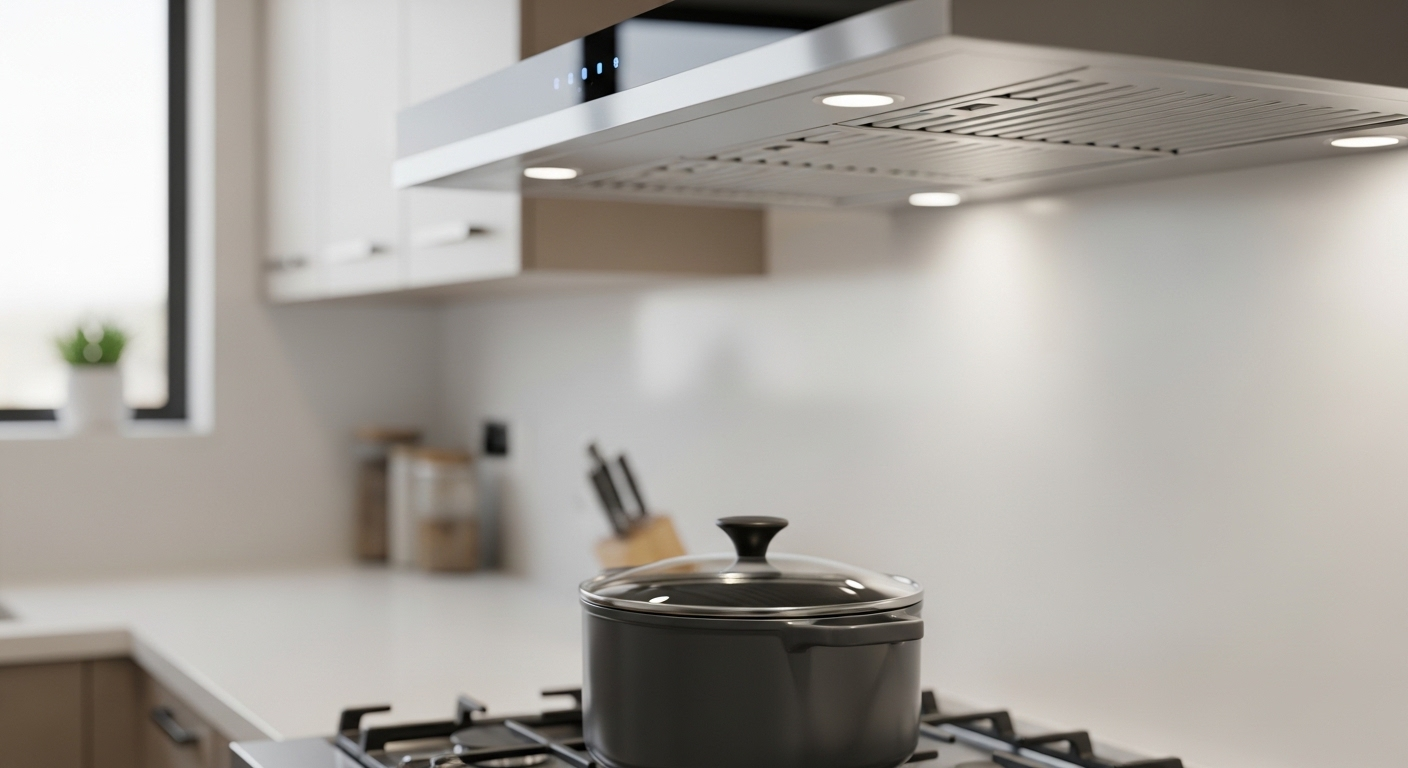 Máy hút mùi hiện đại, thiết kế sang trọng phía trên bếp nấu gọn gàng, giúp duy trì không gian bếp sạch sẽ, giảm thiểu dầu mỡ bám dính. Đây là yếu tố quan trọng trong cách làm sạch dầu mỡ hiệu quả cho mọi căn bếp.