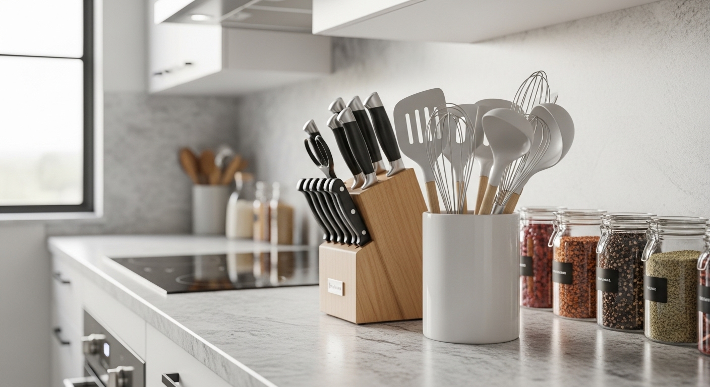 Gian bếp sạch sẽ, ngăn nắp với bộ dao, dụng cụ nấu ăn và lọ gia vị dưới ánh sáng tự nhiên. Hình ảnh lý tưởng cho các mẹo vặt nhà bếp giúp tối ưu không gian.