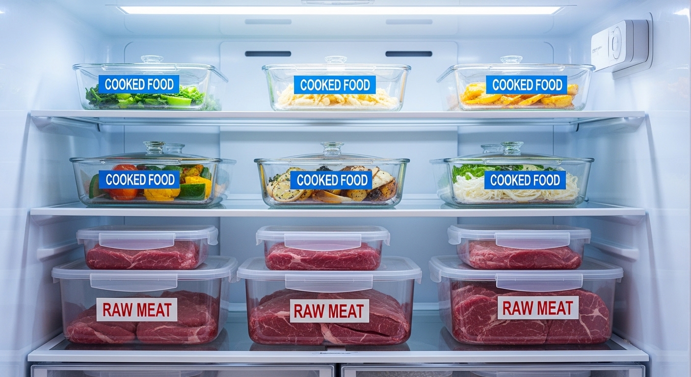 thịt sống ở ngăn dưới cùng, thực phẩm chín có nhãn rõ ràng ở ngăn giữa, giúp ngăn ngừa lây nhiễm chéo.